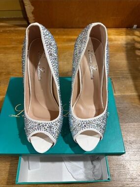 Lauren Lorraine White Crystal Peep-Toe Heels